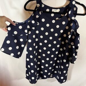 Umgee Navy and White Polka Dot Cold Shoulder Blouse